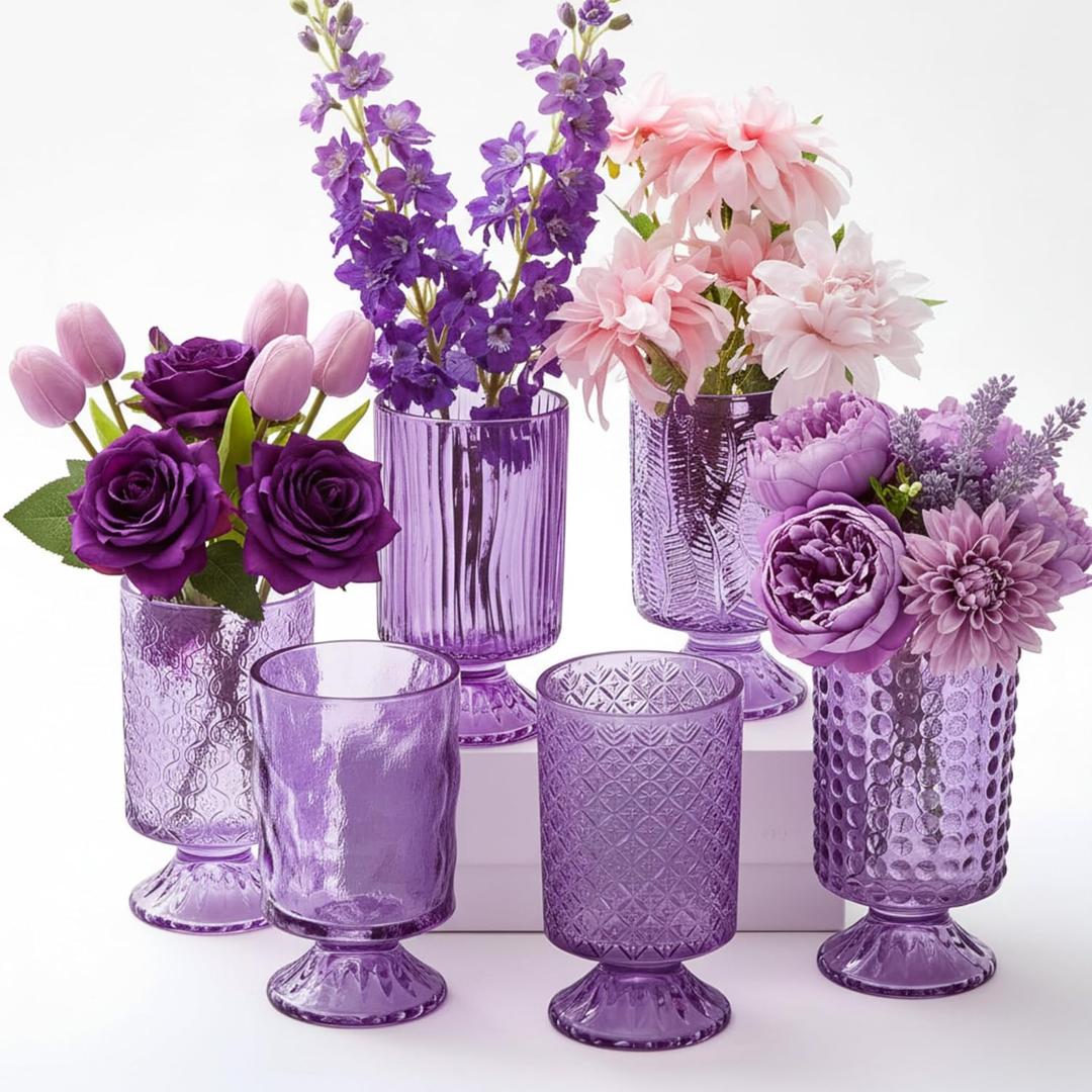Ninehaoou 6 Pcs (H:7" W:4") Embossed Flower Vase Pedestal Glass Vase Big Base Thickened Crystal Vintage Vases for Valentines Day Wedding Home Decor Table Centerpiece House Warming Gifts(Purple)