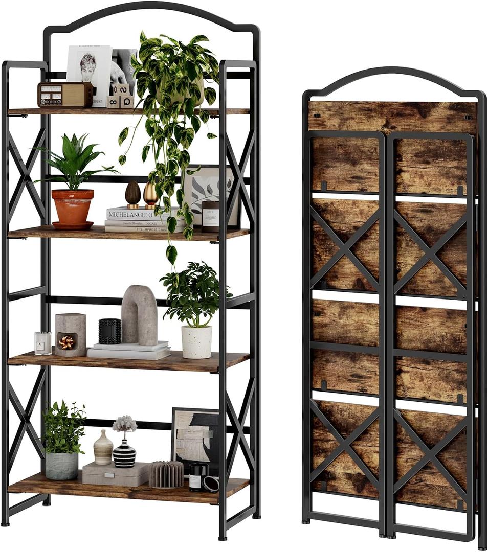 Vintage Multifunctional Folding Bookshelf, No-Assembly Plant Stand Storage Rack Shelves for Home Office, 4-tier X