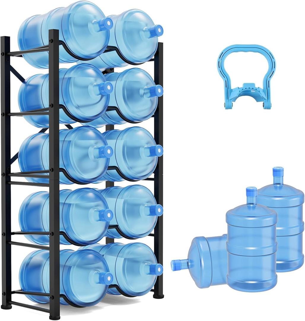5 Gallon Water Bottle Holder for 10 Bottles, 5 Tiers Double Row Water Jug Holder, Detachable Heavy Duty Water Jug Stand, Water Jug Rack for Office, Kitchen, Garages, Restaurant, and Gym (Black)