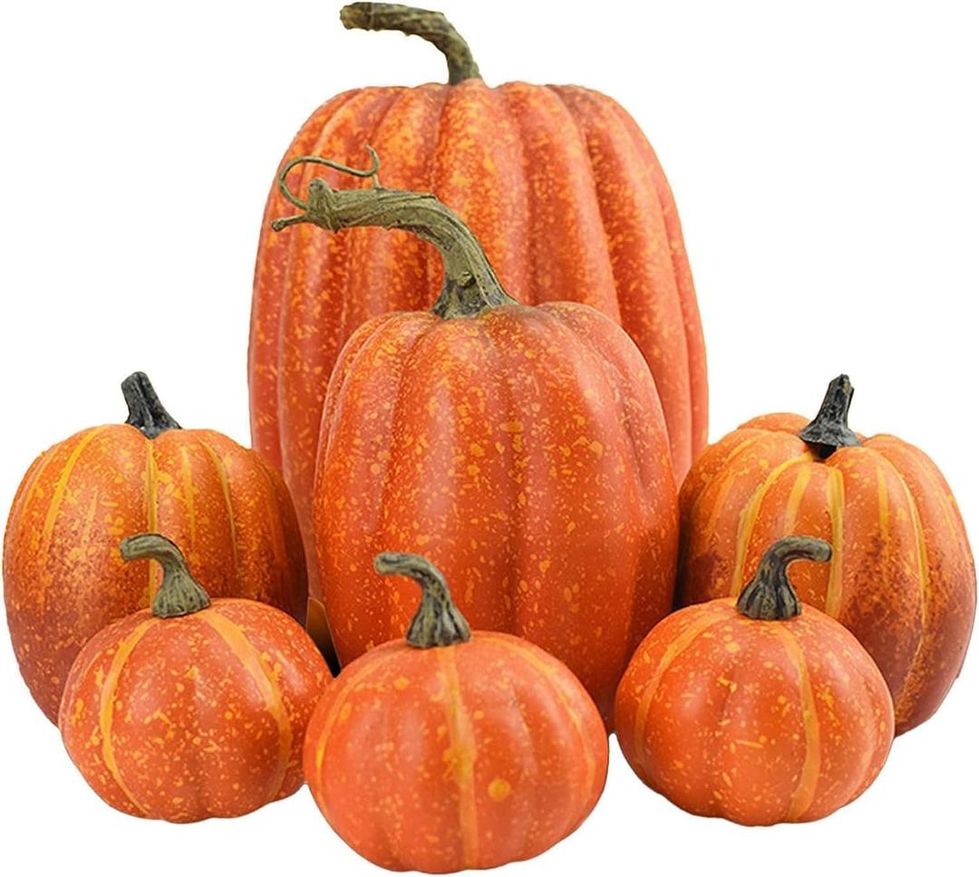 Plastic Pumpkin, Enchanting 7 Piece Faux Pumpkin Set Vibrant Orange Plastic Decorative Pumpkins for Fall, Halloween Thanksgiving