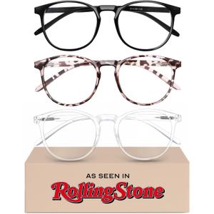 IBOANN Chic & Comfy Blue Light Glasses for Women - 3-Pack Round Frames, Screen-Ready Style with UV Protection Coating (*A1 Light Black & Leopard & Transparent)