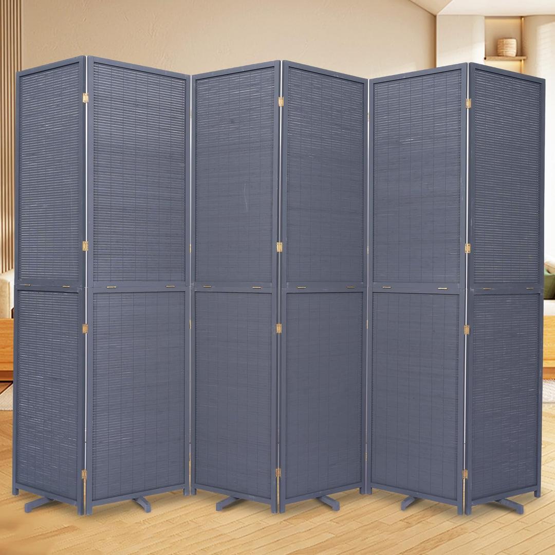 Bamboo Room Divider Folding Privacy Screens, Wall Divider for Room Separation, Portable Room Partitions and Dividers, 5.6FT Bamboo Mesh Woven Room Divider Panel (Grey, 6 Panel)