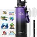 [2-IN-1 LID] Insulated Water Bottle with Silicone Boot (36hrs Cold/18hrs Hot) - DIY Stickers, Leakproof, BPA Free, 40 oz (Purple-Black)