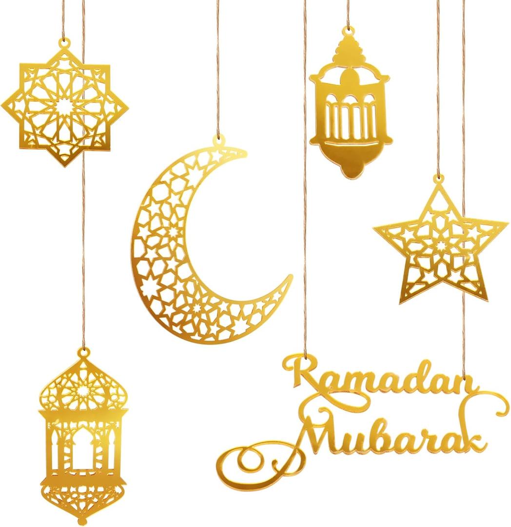 6pcs Ramadan Ornaments, Acrylic Ramadan Kareem Decoration Eid Mubarak Pendant Wind Light Moon Star Shaped Ramadan Decor for Hanging on Walls Windows Trees (Golden)