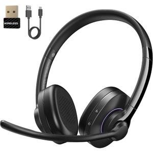 Wireless Headset with Mic for Work, Headset Wireless Bluetooth V5.3 with AI Noise Cancelling Microphone with USB Dongle & Mic Mute for Computer PC Laptop Remote Work Home Office (Black)