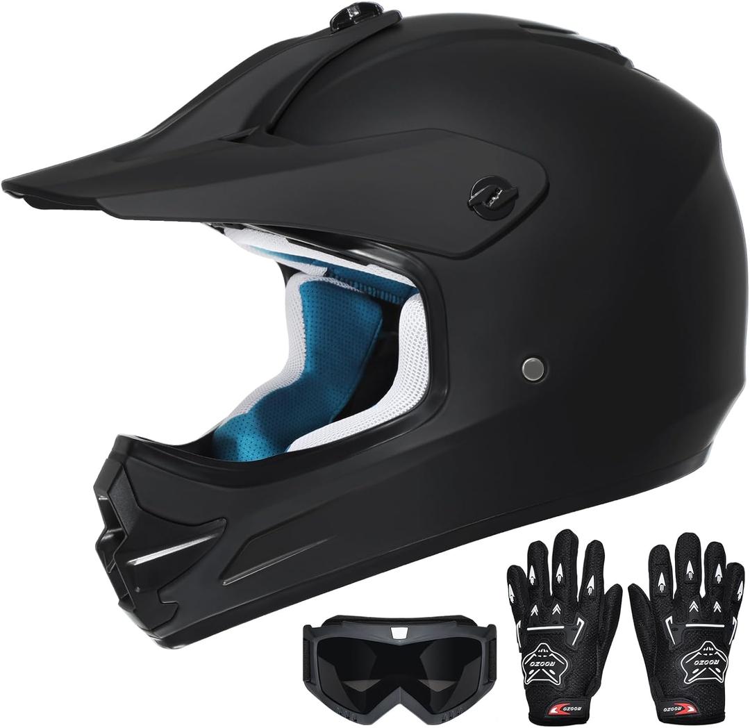 Youth Dirt Bike Helmet DOT Certified - Full Face Motorcycle Helmet for Off-Road, ATV, Street Riding, Includes Adjustable Goggles & Protective Gloves, BLACK, Medium