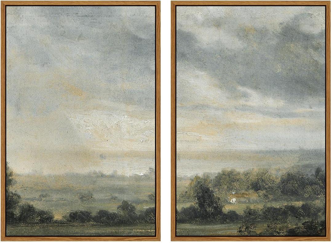 InSimSea 2 Pcs Framed Wall Art Vintage Landscape Decor, Vastness Valley Scene Painting Above Bed Wall Decor, Canvas Prints, Living Room Bedroom Retro Country Decorations, 16"x24", set of 2 (High Cloudy Sky)