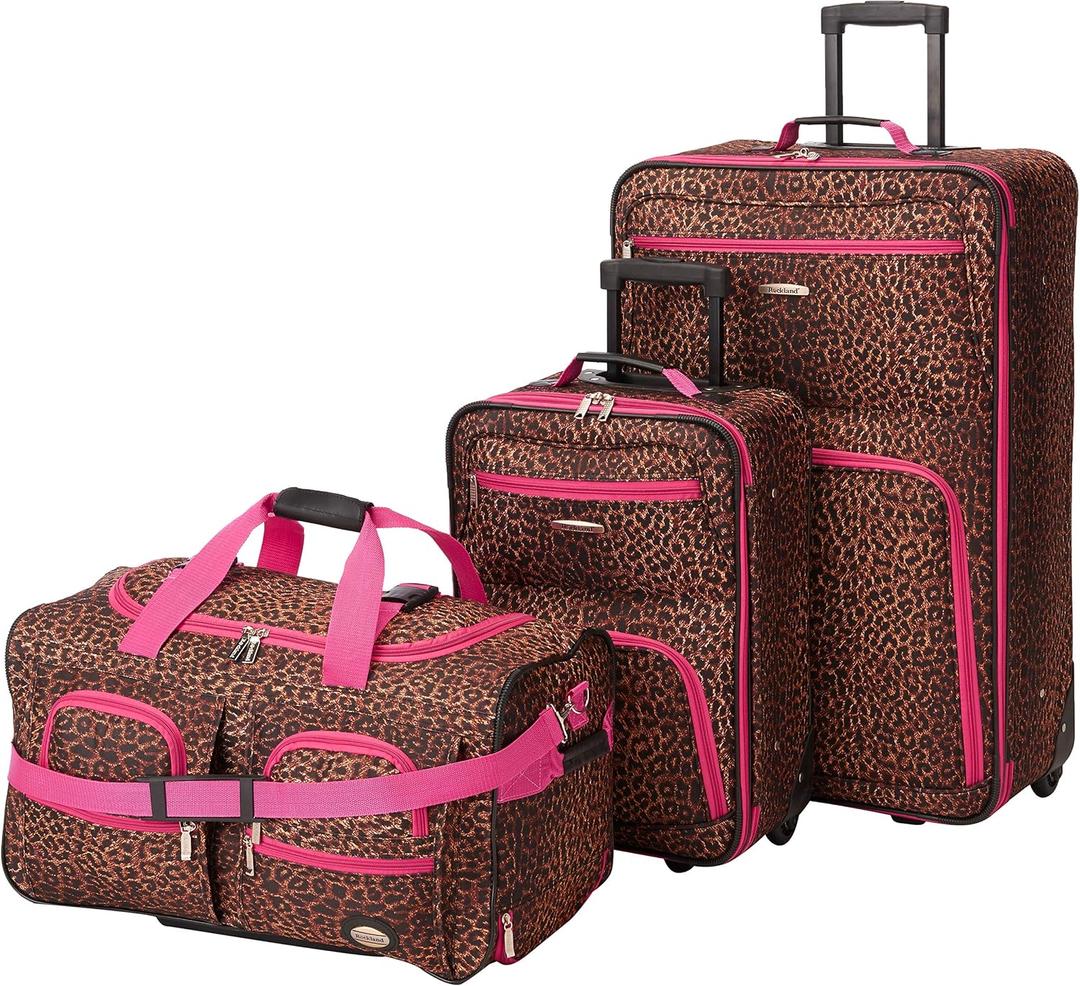 Rockland Vara Softside 3 Piece Upright Luggage Set, Expandable, (20"/28"/22" Rolling Duffel), Pink Leopard