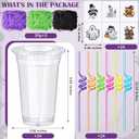 24 Set Creative Halloween Classroom Favor Trick or Treat Plastic Cup with Lid Colorful Straw Sticker and Raffia Treat Loot Bag Set for Kid Student Halloween Party Favor School Class Gift Idea