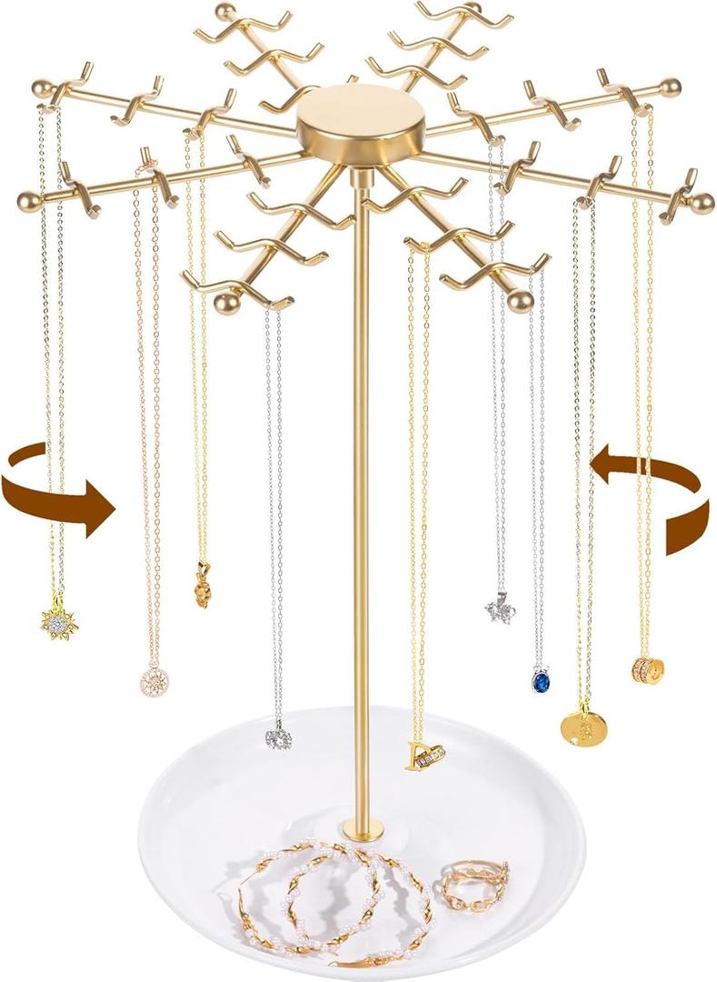 Rotating Necklace Holder Jewelry Stand, Gold Necklace Organizer Display with 48 W-shaped Hooks,Jewelry Organizer for Necklaces Earrings Rings Storage Tree, Presents for Women