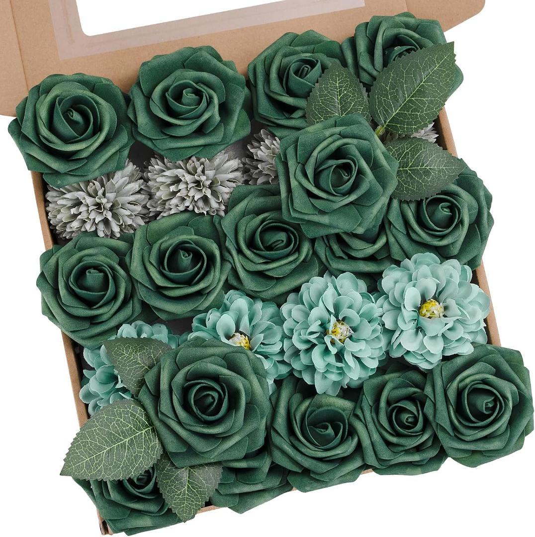 Artificial Flowers Combo Box Dark Green Fake Rose Flower for Wedding Decor | Mix Silk Dahlia Mum Flowers with Stem for DIY Bridal Bouquet, Table Centerpiece, Floral Arrangement, Baby Shower Decorations