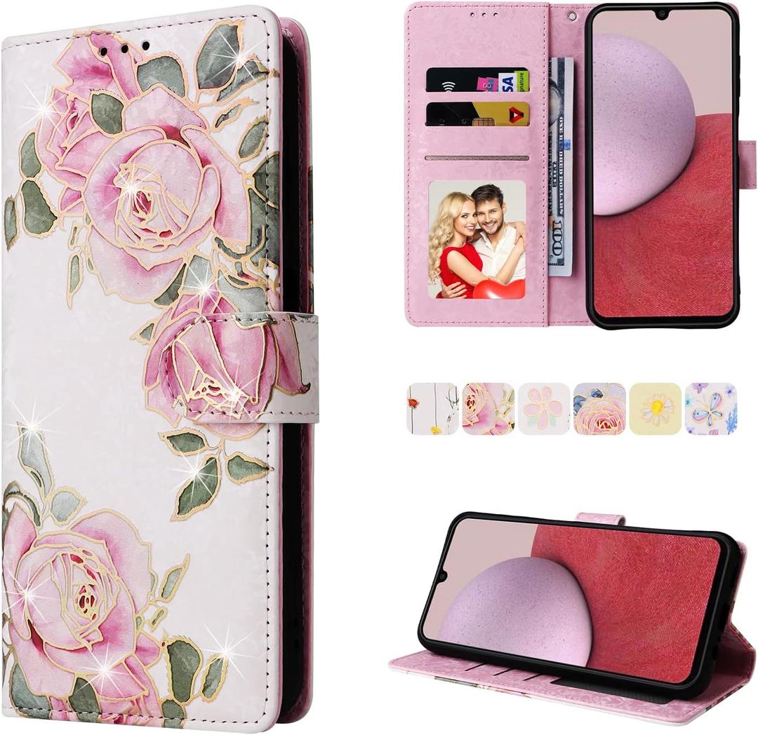 UEEBAI Wallet Case for Samsung Galaxy A14 5G, PU Leather Phone Case Kickstand RFID Blocking Flip Case with Card Slots Wrist Strap Relief Engraved Pattern Magnetic Closure Folio Case - White Rose