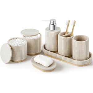 7PCS Bathroom Accessories Set, with Soap Dispenser, Q-tip Holder, Toothbrush Holder, Tumbler, Soap Dish, Vanity Tray, Bathroom Set Complete Organizer Countertop for Modern Decor, Beige
