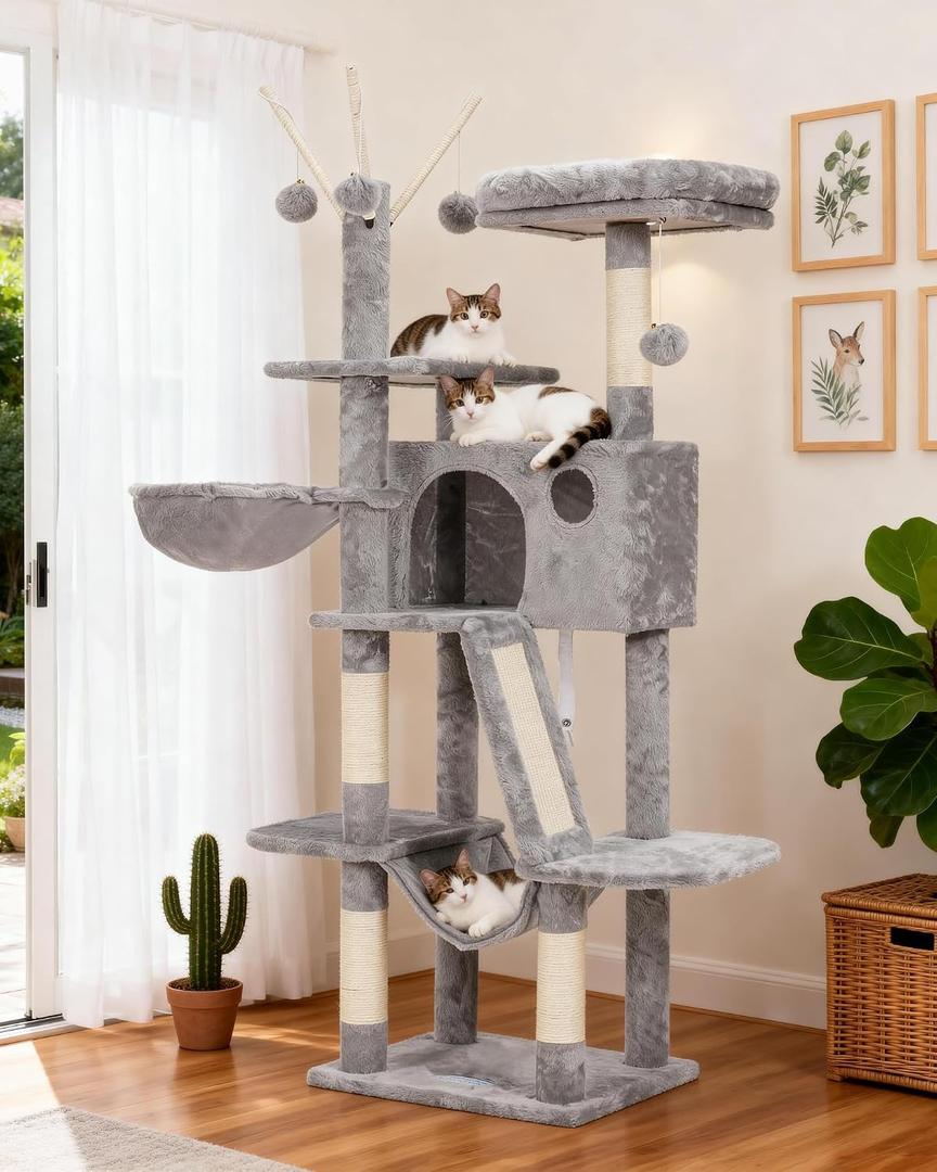 Hey-brother Cat Tree, 53 inch Cat Tower for Indoor Cats, Cat House with Padded Platform Bed, Toy Balls, Large Cozy Condo, Hammocks and Sisal Scratching Posts, Light Gray MPJ019-SW