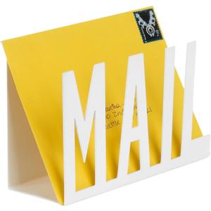 MyGift Mail Holder Organizer Countertop Modern Metal White with Cutout MAIL Lettering Design, Office Desktop Envelope and Document Storage Rack