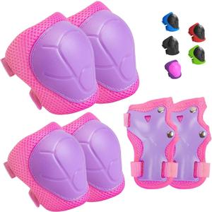 Kids Protective Gear Set Knee Pads for Kids 3-14 Years Toddler Knee and Elbow Pads with Wrist Guards 3 in 1 for Skating Cycling Bike Rollerblading Scooter (PurplePink)