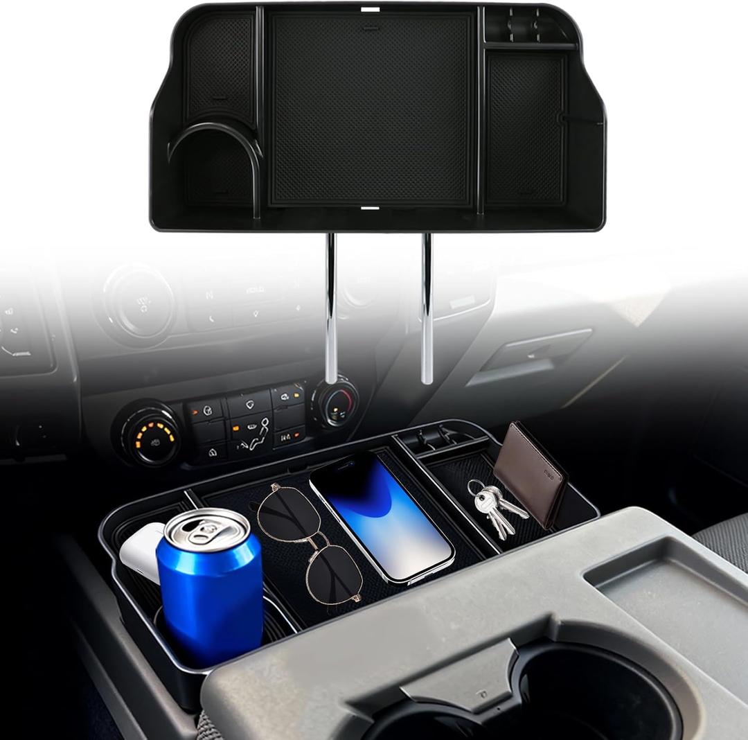 Jump Seat Front Seat Headrest Organizer for 2011-2026 Ford F150-F650 Super Duty Accessories- Truck Interior Storage Tray with Deep Cup Holder, Cable Hole, Non-Slip Silicone Mat & Coin Container