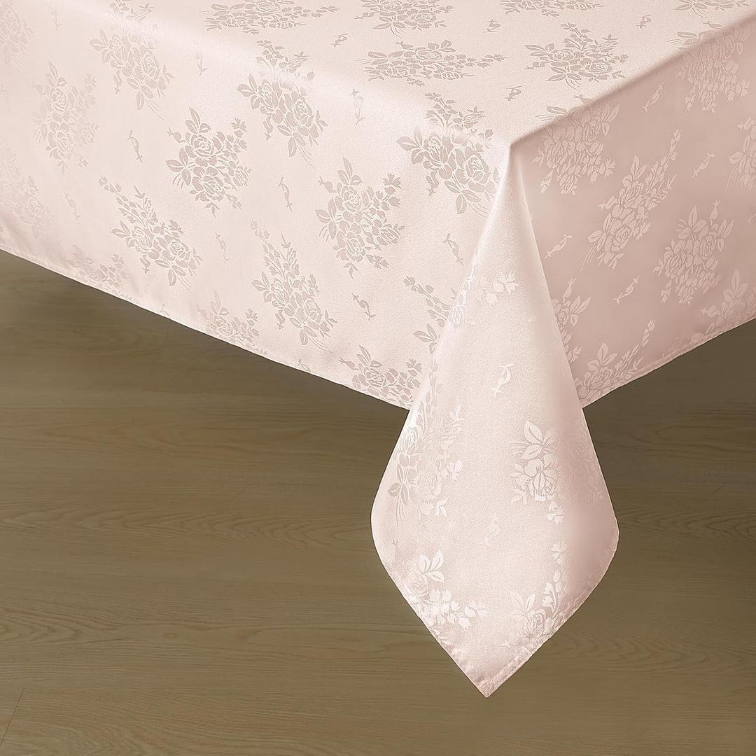 Romanstile Jacquard Rectangle Tablecloth, Waterproof Elegant Damask Rose Floral Pattern Table Cloth, Washable Decorative Polyester Table Cover for Kitchen/Dining/Parties - Pink, 52 x 70 Inch