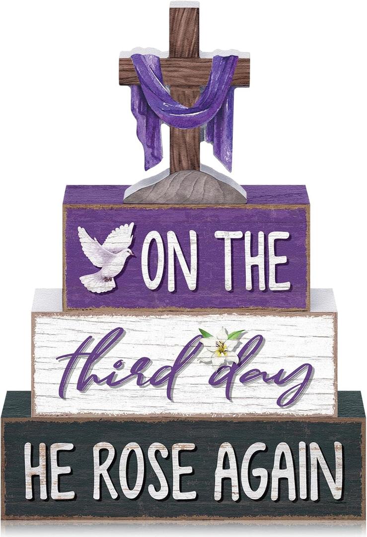 Yousoontic 4 Pcs He Is Risen Easter Tiered Tray Decorations Lent Resurrection Christian Wood Blocks with Cross, Dove, Lily Religious Farmhouse Table Decor for Spring, Holy Week, Easter Display