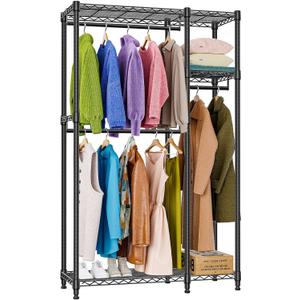 Heavy Duty Rolling Garment Rack 3 Tiers Adjustable Wire Shelving Clothes Rack with 1 Rods and Side Hooks,Storage Closet Clothing Rack Black 15.7" D x 43.3" W x 76.5" H