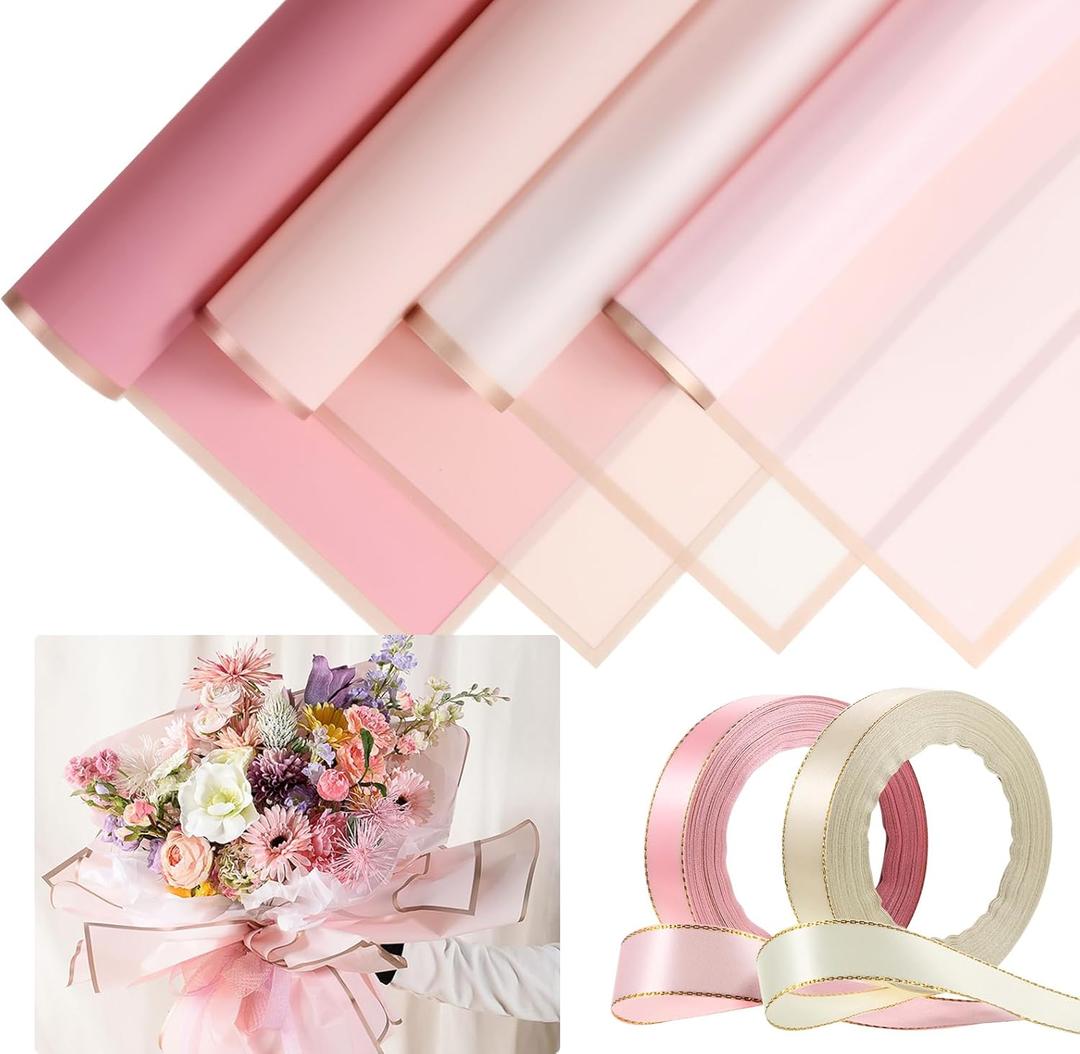 Tenare 36 Pieces Waterproof Flower Wrapping Paper Frosted Bouquet Wrapping Paper and 50 Yards Double Face Satin Ribbon for Graduation Bouquet Supplies(Romantic Color)