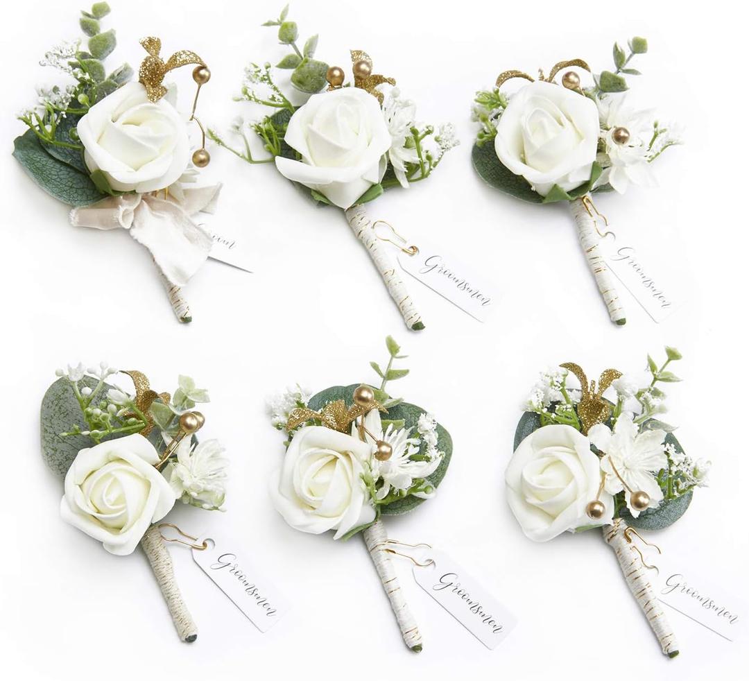 Ling's moment Boutonniere for Men, 6pcs Groom Groomsmen Boutonniere, Artificial Flowers for Wedding Decor/Prom/Homecoming, etc.White Baby Breath Ivory
