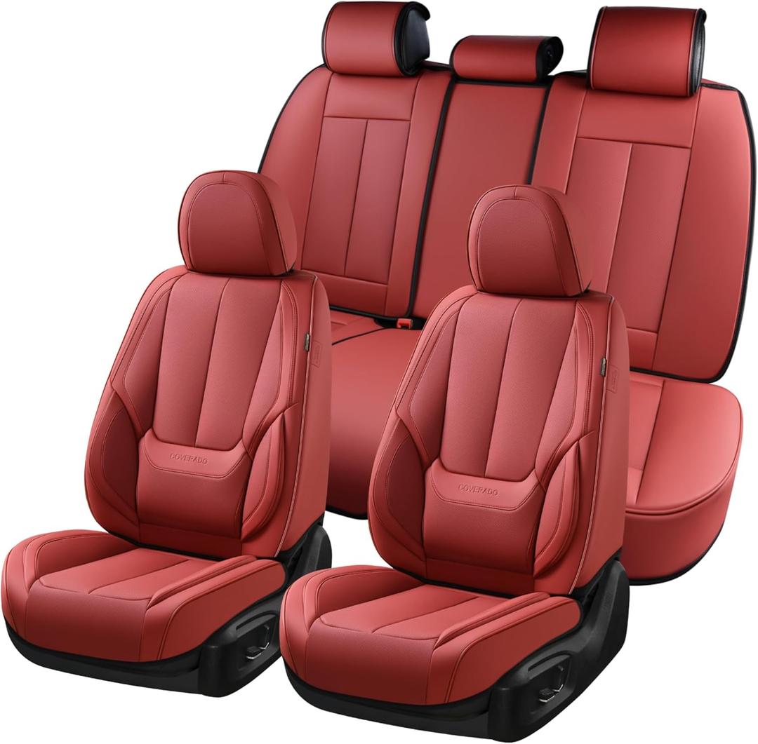 Coverado Car Seat Covers Full Set, Seat Covers for Cars, Red Car Seat Cover, Car Seat Protector Waterproof, Nappa Leather Car Seat Cushion, Car Seat Covers Front Seats and Back Fit for Most Cars (FullSet)