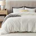 Bedsure Fluffy Duvet Cover Set - Ultra Soft Plush Shaggy Comforter Cover King Size, Warm Flannel Fleece Bed Sets for Winter, 3 Pieces (Striped Pattern, Coconut White)