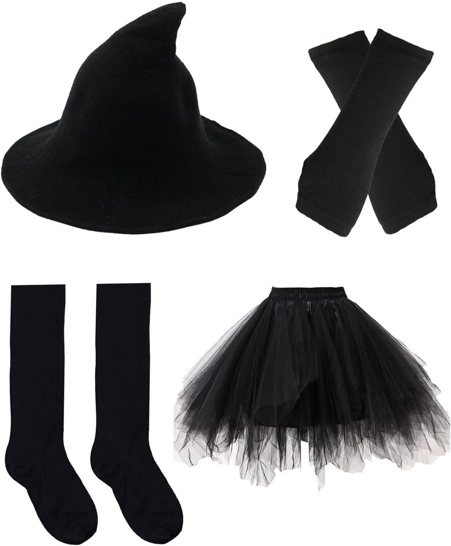 Halloween Witch Costumes for Girls Gothic Cosplay Witch Hat Tutu Skirt Black Knee High Socks Arm Warmers Set (One Size)