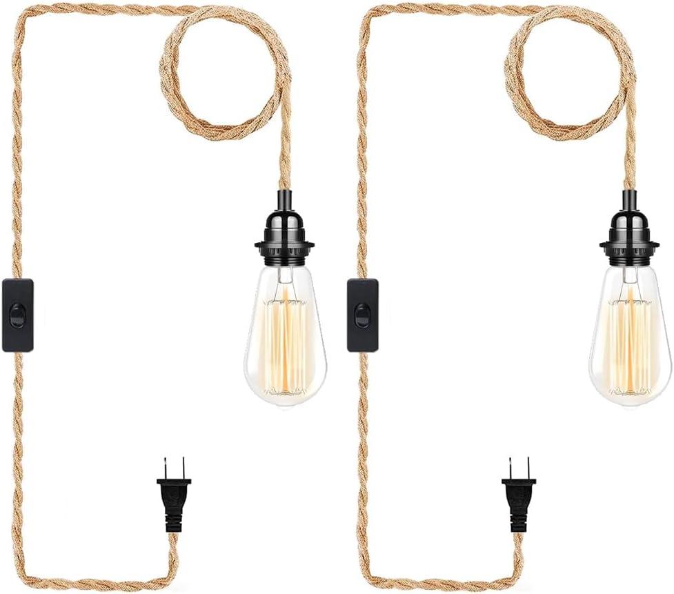 Industrial Hanging Light with Plug in Cord - Hemp Rope On/Off Switch, Farmhouse Pendant Light for Dining Room (2 PACK, 2 Pack 15Ft hemp rope)