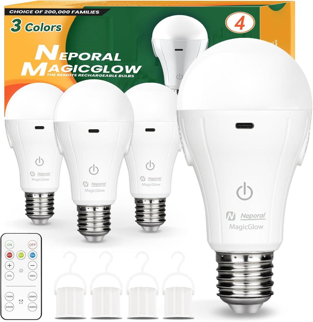 Neporal MagicGlow Rechargeable Light Bulbs with Remote, 3 Colors Shift + Stepless Dimmable Battery Powered LED Bulbs, USB Rechargeable, A19 Emergency LED Light Bulbs, 15W, Up to 24 Hours