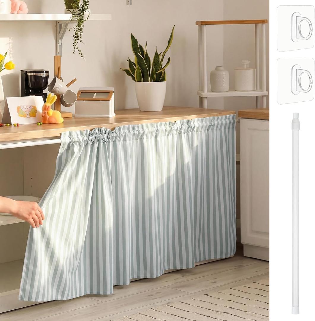 Dishwasher Curtains, Cabinet Curtains with Rod, 28" W x 51" L Textured Strip Linen Sink Skirt for Kitchen with Telescopic Rod and Clamp, Window Curtain, Dishwasher Hidden for Bathroom, 3.5"W x 32.7"L