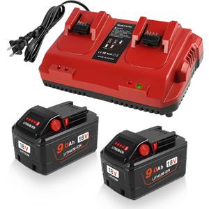2 Pack 18V 9.0 Ah Battery and Charger Replacement for Milwaukee m18 Lithium-Ion High Output Starter Kit (Red)