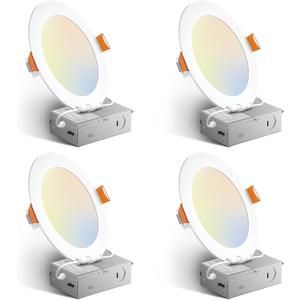 Amico 4 Pack 6 Inch 5CCT Ultra-Thin LED Recessed Ceiling Light with Junction Box, 2700K/3000K/3500K/4000K/5000K Selectable, 12W Eqv 110W 1050LM Brightness Dimmable Canless Wafer Downlight, ETL & FCC