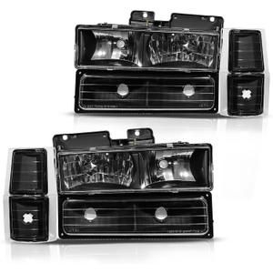 DWVO Headlight Assembly Compatible with 1994-1999 Chevy Silverado 1500 2500 3500, Suburban 1500 2500, 1995-1999 Tahoe Headlamp with Corner & Bumper Lights, Black Housing, and Clear Lens