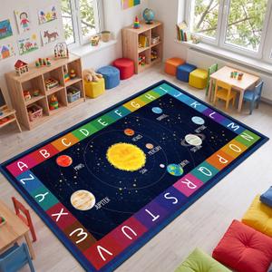 Drydiet Classroom Rug Elementary Educational Daycare Rug 11.8 x 6.6 ft Space & Alphabet Shapes Large Preschool Carpet for Classroom Playmat for Kids Toddler Nursery School Early Learning