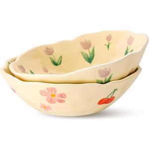 only 1 Pack. Cute Fruit Bowl Ceramic Salad Bowls Pink Cherry and Purple Tulip Flower Bowl Kitchen Serving Soup Bowls Snack Dishes Popcorn Container - Microwave & Dishwasher Safe, Reusable, BPA Free, 14 oz