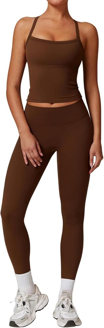 QBGJTD Womens Workout Sets Two Piece Cross Back Tank Top Matching High Waist Leggings Sets Gym Outfits Work Out Clothes (Brown, L)