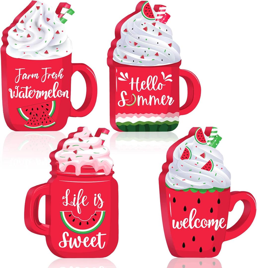 Qunclay 4 Pcs Watermelon Summer Wooden Tiered Tray Decor Wood Watermelon Decorations Self Standing 3D Rustic Farmhouse Summer Decor Wooden Block Signs for Home Kitchen Shelf Centerpiece