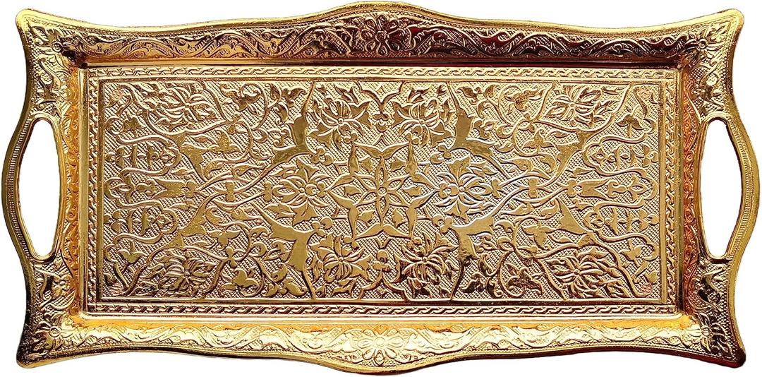Metal Serving Tray with Raised Edges, Vintage Design Tray, Rectangular Metal Serving Tray, Decorative Serving Platter, Turkish Ottoman Coffee Tea Beverage Serving Square Tray (Gold)