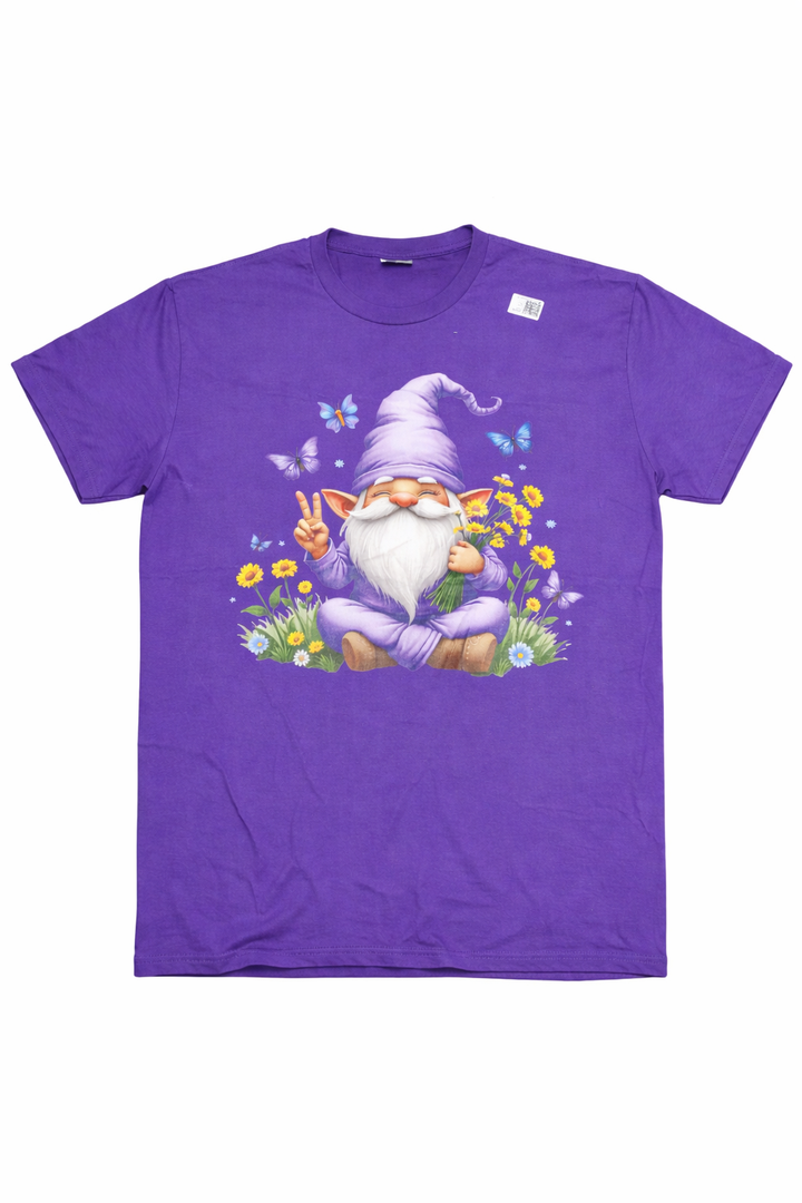 Peaceful Gnome with Flowers and Butterflies T-Shirt XL