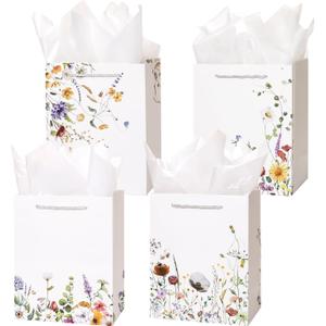 Crisky 4 Pack Medium Gift Bags with Handles, Wildflower Floral Wedding Gift Bag Medium Size Goodie Bags with Tissue Paper for Bridal Shower, Engagement, Birthday, Graduation, Small Business