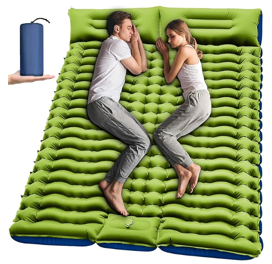 Double Sleeping Pad for Camping - Ultralight Camping Mattress with Pillow, Built-in Foot Pump, Compact Inflatable 2-Person Portable Mat for Backpacking, Hiking, Car Traveling, Beach, Tent (Green Blue)
