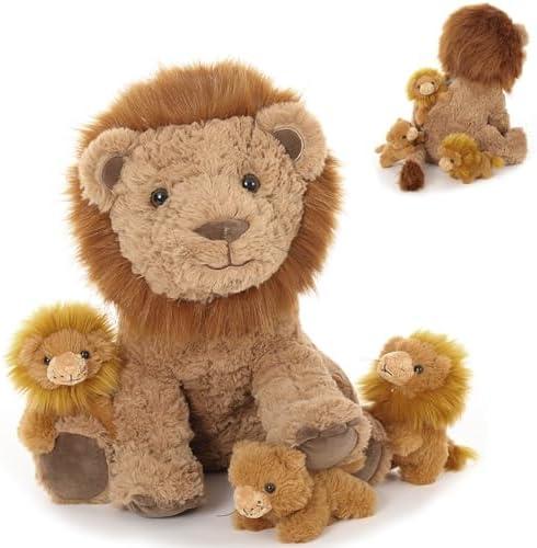Karister Lion Plush Toy, 17.7" Mother Lion Stuffed Animal with 3 Cute Baby Lions, 4Pcs Wild Animal Stuffed Toy for Kids Boys Girls, Safari Animal Plushies Gift for Christmas Birthday, Brown