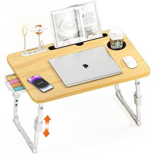Laptop Desk for Bed Height Adjustable, Lap Bed Table with USB/Storage Drawer/Cup Holder/Tablet Stand/Book Shelf, Foldable Breakfast Tray Portable for Reading Writing, Sofa & Floor, Wood 