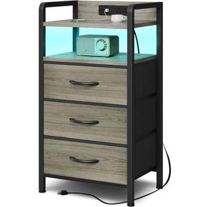 Night Stand with Charger Station - Grey Nightstand with LED Light Strip, Morden Bedside Table with USB Ports & AC Outlets, End Table with Storage Shelf & 3 Fabric Drawers