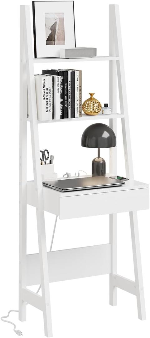 Haotian Ladder Desk with Power Outlet
Narrow Bookshelf Desk with Drawer and Shelves, Compact Secretary Desk for Small Spaces, Bedroom, Home, Office