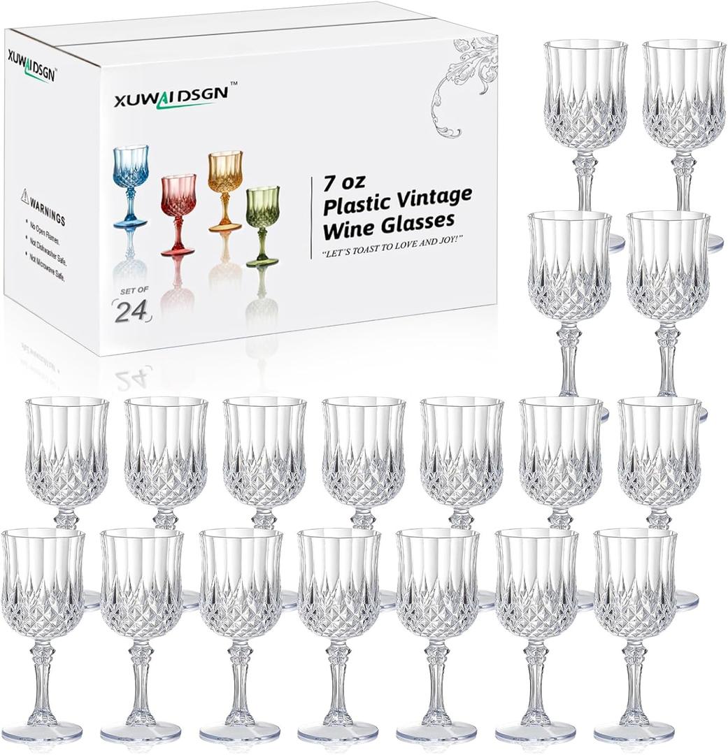 XUWAIDSGN 24 Pcs 7oz Plastic Vintage Wine Glasses Drinking Glasses Unbreakable Wedding Glassware Crystal Water Goblets Reusable Drinkware Vintage Champagne Flutes (24, Clear)