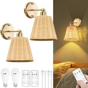 Frideko Rattan Rechargeable Battery Operated Wall Sconces Set of Two with Remote, 3 Colors Dimmable Wireless Wall Light, 5200mAh Indoor Wall Lamp with 4 Timer, Boho Sconces Wall Lighting for Bedroom (Gold)