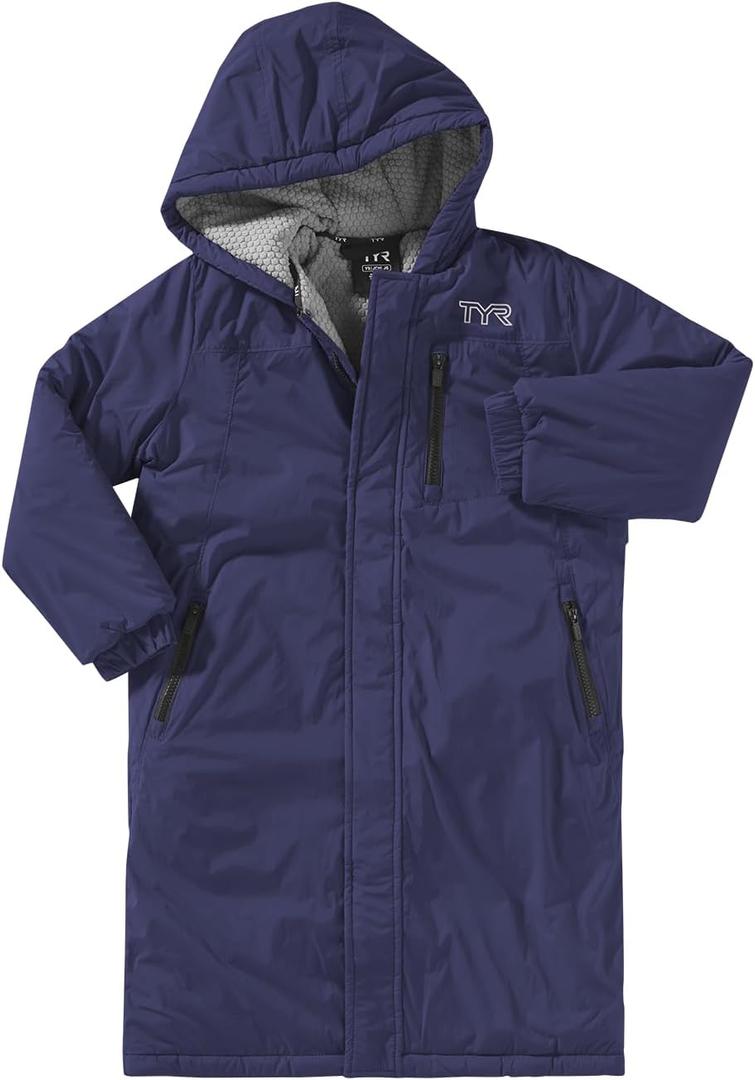 TYR Hydrosphere Tech Youth Swim Parka - Highly Wind and Water-Resistant Swimming Cover Up for Girls, Boys - Warm Fleece Lining, Multiple Pockets for Training and Competition - Large, Navy 